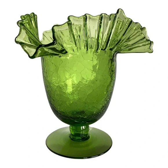 Blenko 388 Green Crackle Art Glass Vase Handcrafted Crimped Ruffled Edge Vintage - Picture 8 of 16